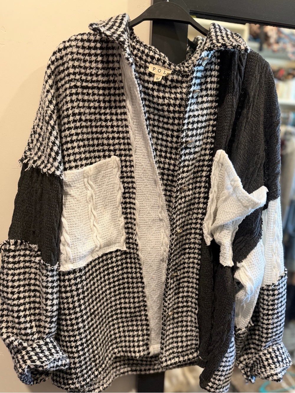 POL Black & White Patchwork Knit Blazer